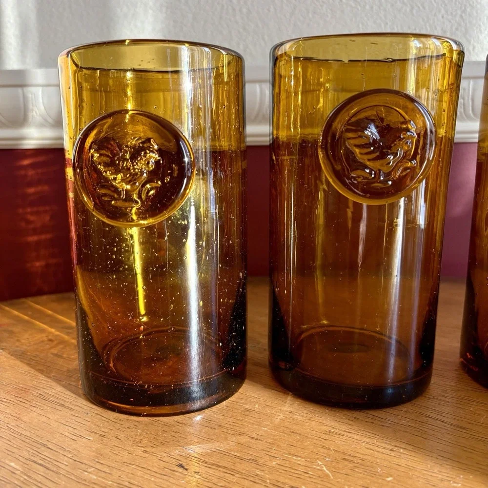 Vintage Pier‎ 1 hand blown amber glass rooster tumbler farmhouse set of 4